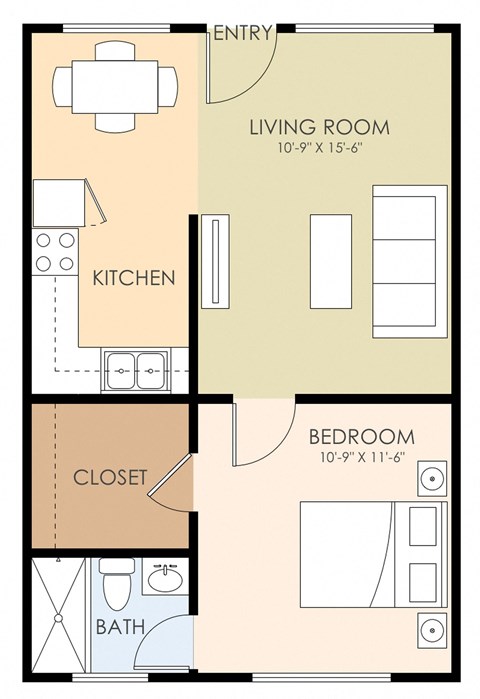 Floor plan for 1 bed, 1 bath, 730 sqft